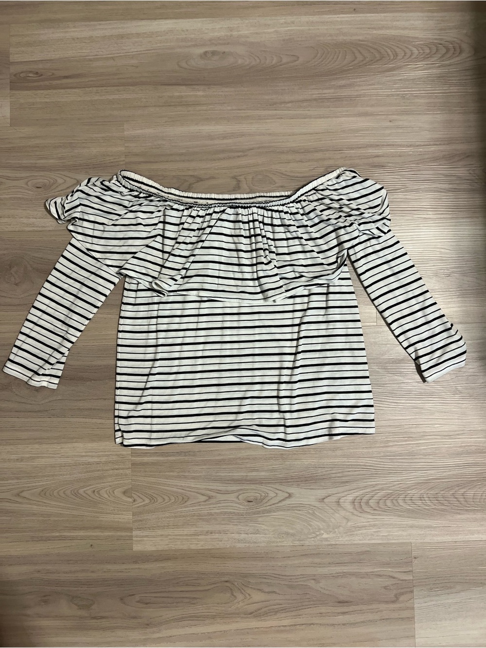 American Eagle Outfitters Black & White Striped Off-Shoulder Ruffle Top